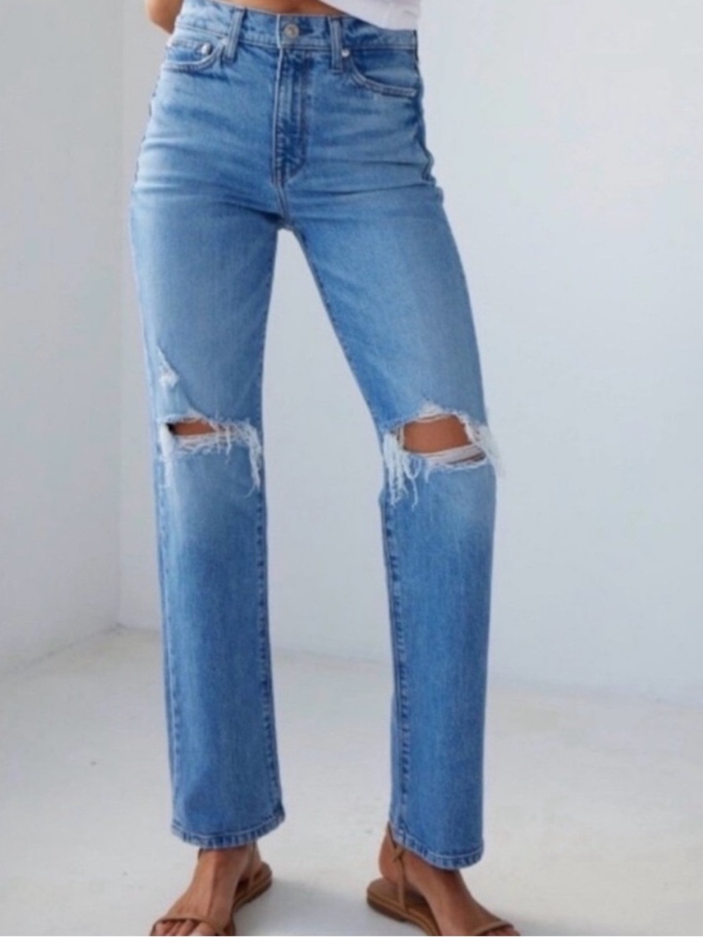 AYR LaLa High-Rise Light Blue Distressed Straight Jeans